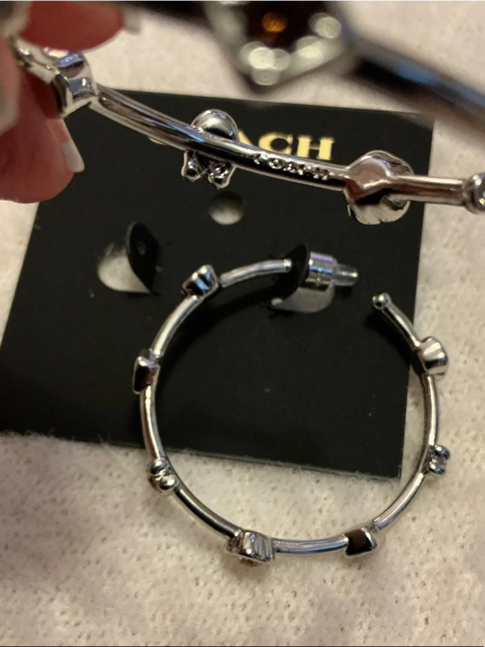 Coach Silver-Tone Bamboo Link Hoop Earrings - Picture 2 of 4